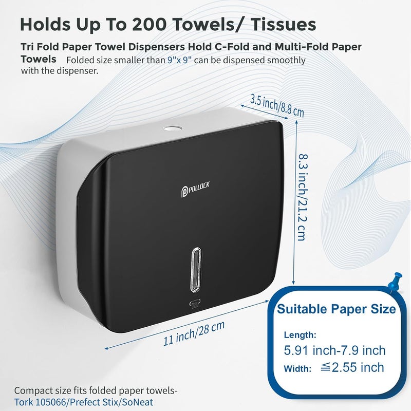 pollock Paper Towel Holder Dispenser Wall Mount,Multifold/Trifold/C Fold Hand Towel Dispenser,Commercial Paper Towel Dispenser for Bathroom Tissue Dispenser,Large Capacity 200 Sheets - Image 2